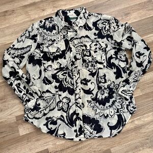 Lauren Ralph Lauren Floral Long Sleeve Button Up Sheer Shirt Blouse Womens L